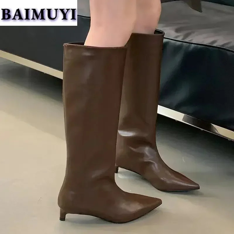 Chelsea womens high boots Pointed Toe Heels shoes winter snow women 2024 trend soft leather Gothic party slide on Botas Mujer 241213