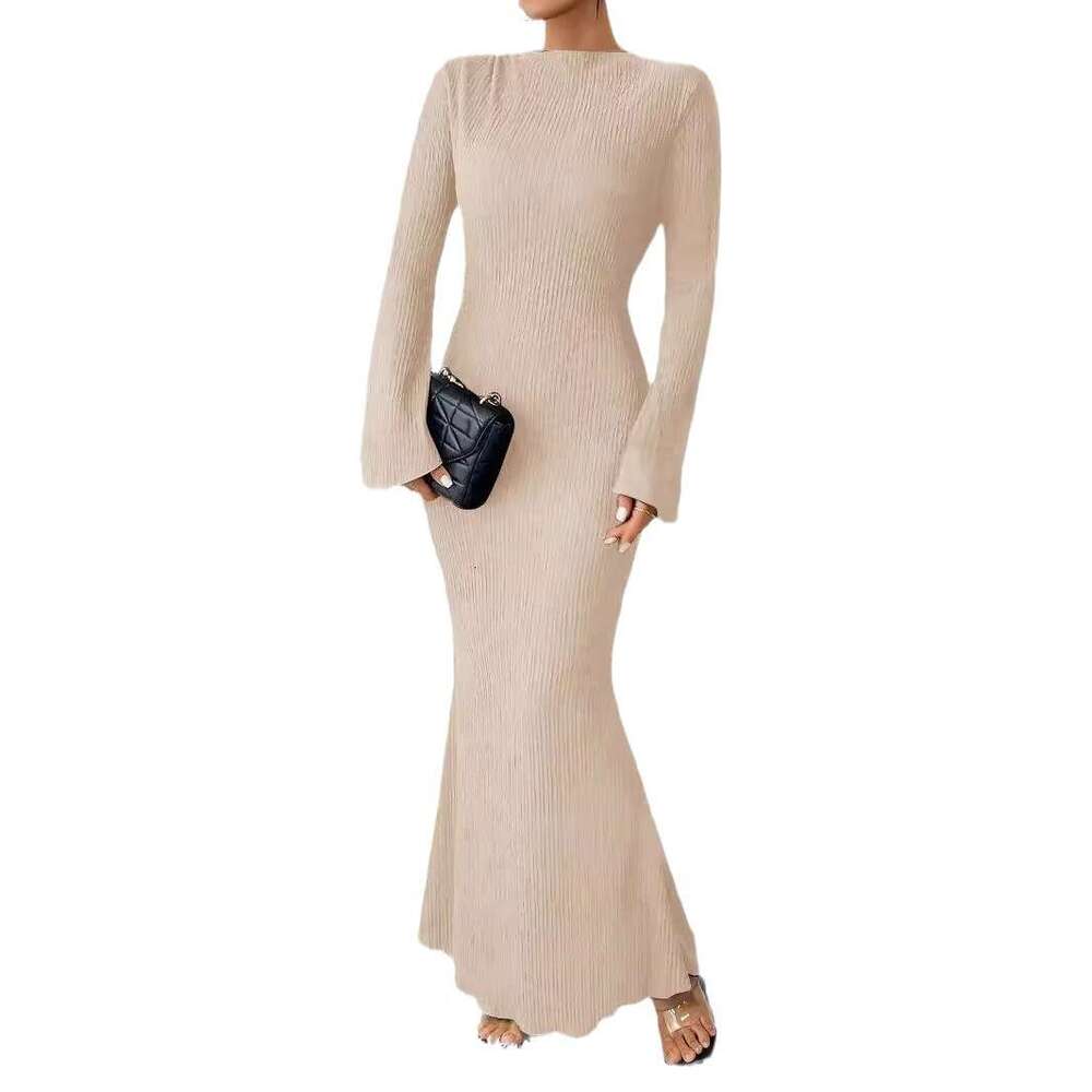 European American style 2024 autumn and winter new women's fashion round neck trumpet long sleeved slim fit hip hing dress for women