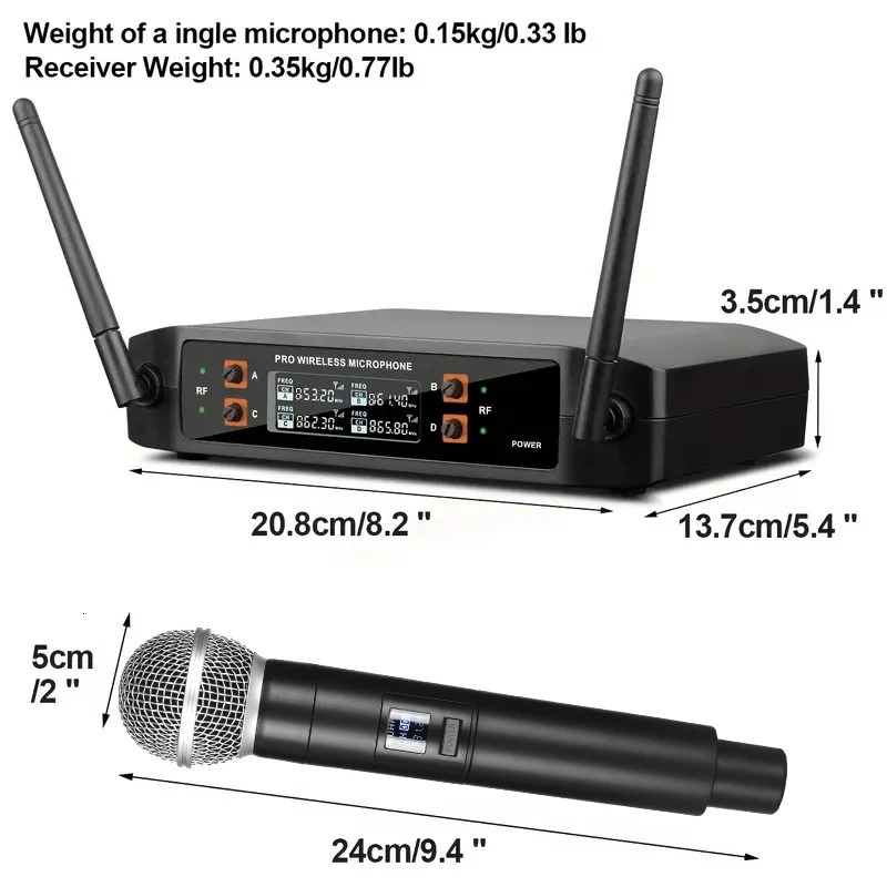 Wireless microphone handheld 4-channel UHF fixed frequency dynamic microphone used for karaoke wedding parties bands church performances 241212