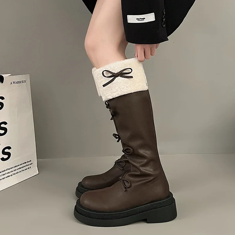 Sweet Butterfly Knot Womans Boots Korean Fashion Brown High Boots Plush Thick Winter Womens Knee High Boots 241213