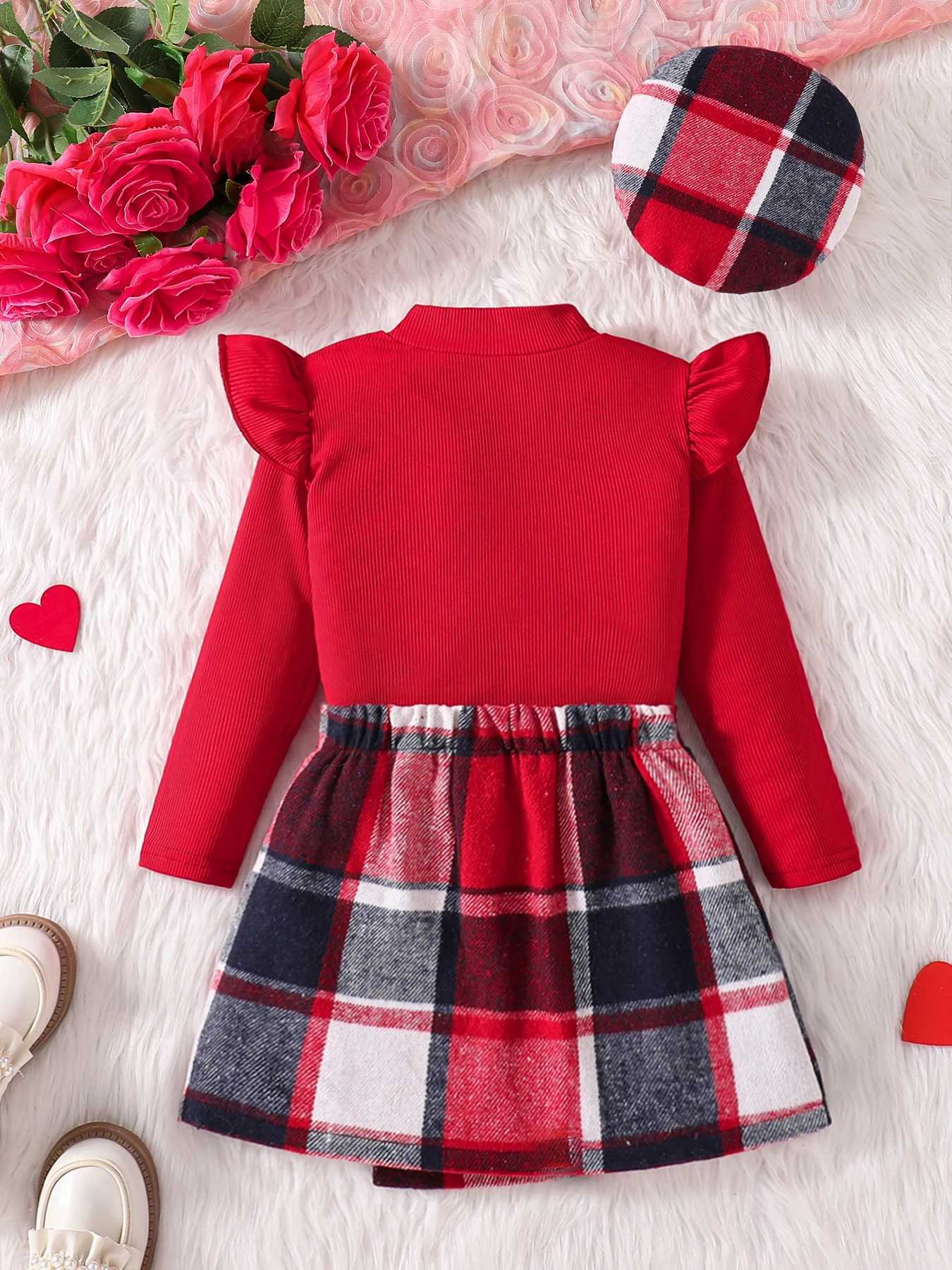 Childrens Spring and Autumn New Fashion 2 sets of red knitted mid neck long sleeved flat shoes+Trend flat top hat W241213