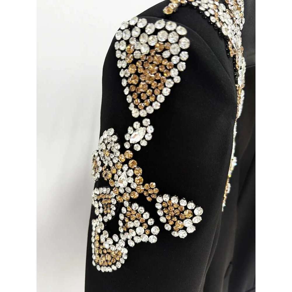 Ladies' Suit HIGH QUALITY Newest Designer Suit Women Beaded Dias Stand Collar Single Button Blazer Wide-Leg Pants Set 2Pcs