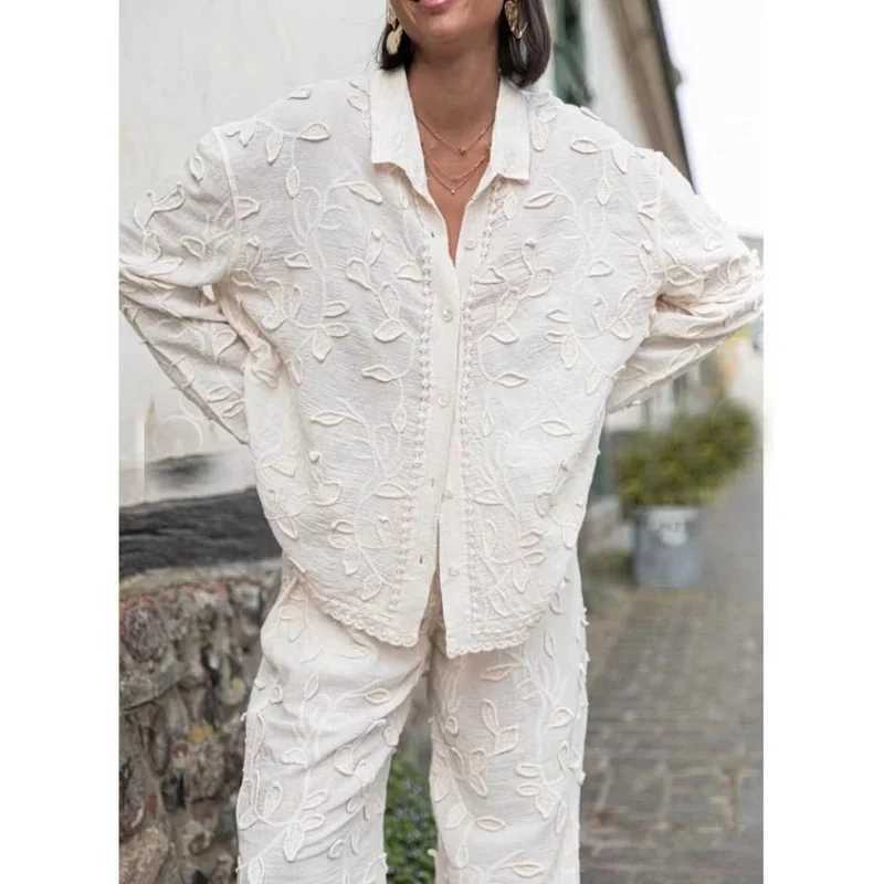 Women's Two Piece Pants JINIA Trendy Flower Jacquard Two-Piece Sets Women Elegant Long Slves Shirt Wide Leg Pants Suits 2024 Office Ladies Strtwe