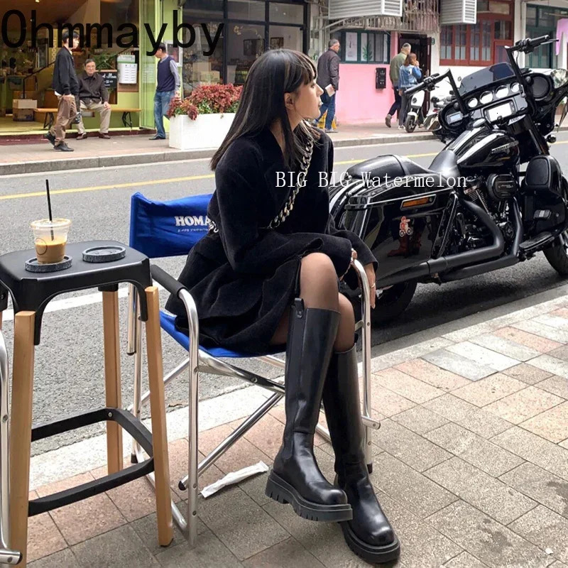 Platform Women Knight Long Boots Fashion Warm Fur Shoes Autumn Winter Square Heels Ladies Knee High Booties 241213