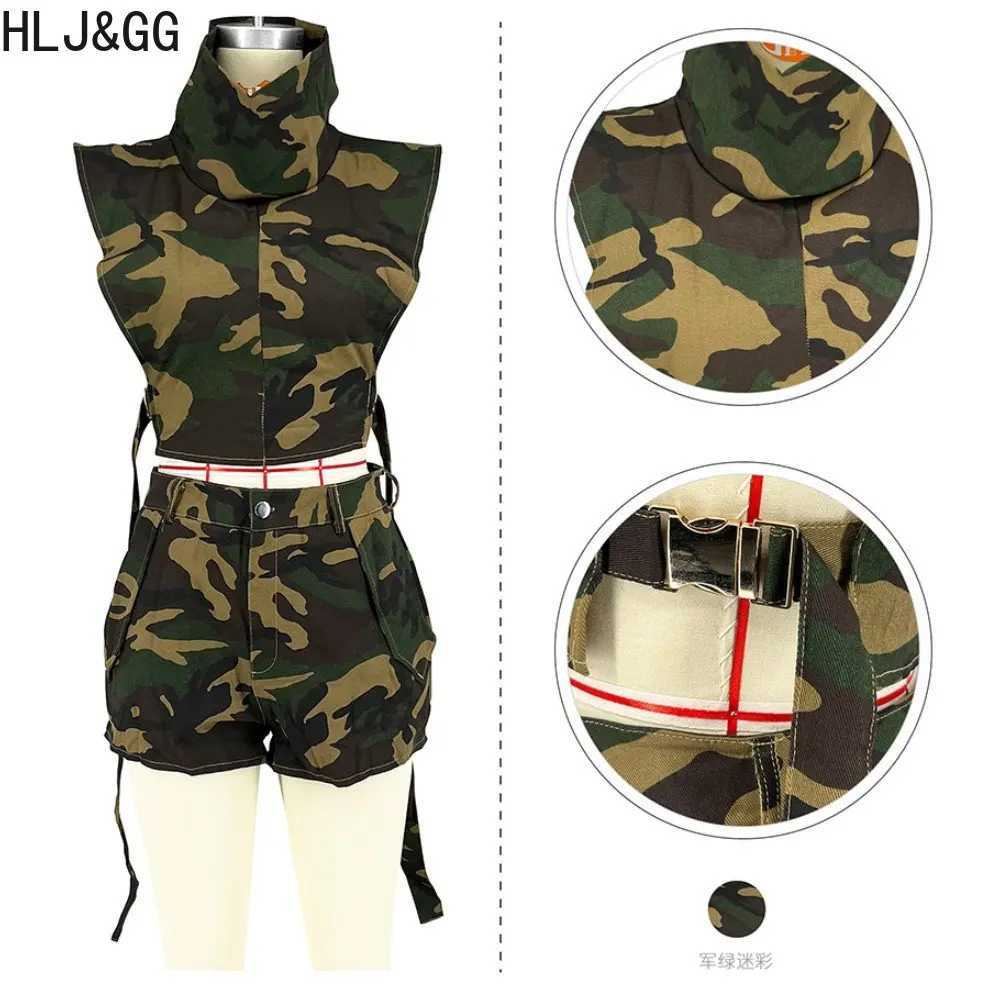 Women's Two Piece Pants HLJ GG Fashion Strt Style Women Camouflage Printing Turtleneck Slveless Crop Top And Shorts Two Piece Sets Outfits 2023 N
