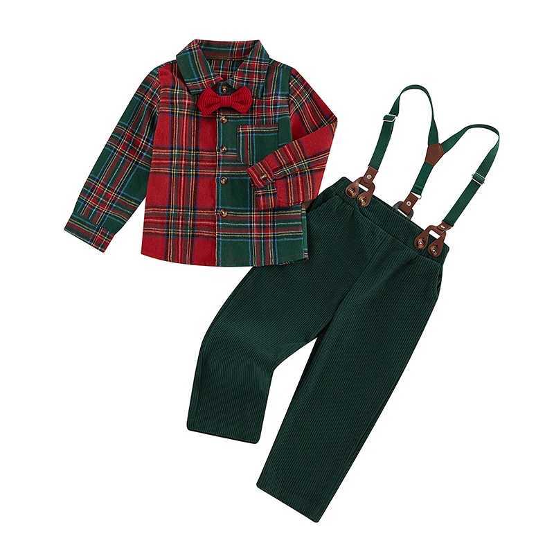 Pudcoco Toddler Kids Boy Gentleman Outfit Christmas Plaid Print Button Long Sleeves Shirt Suspender Pants Set Formal Wear 1-7T W241213