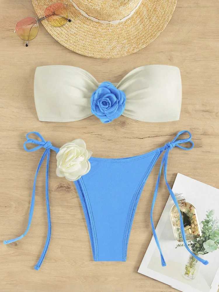 Sexy Floral Bandeau Bikini 2 Piece Set Women Lace Up Split Swimsuit High Waist ss Beach Bikini 2024 New Summer Bikinis SetXJ241212