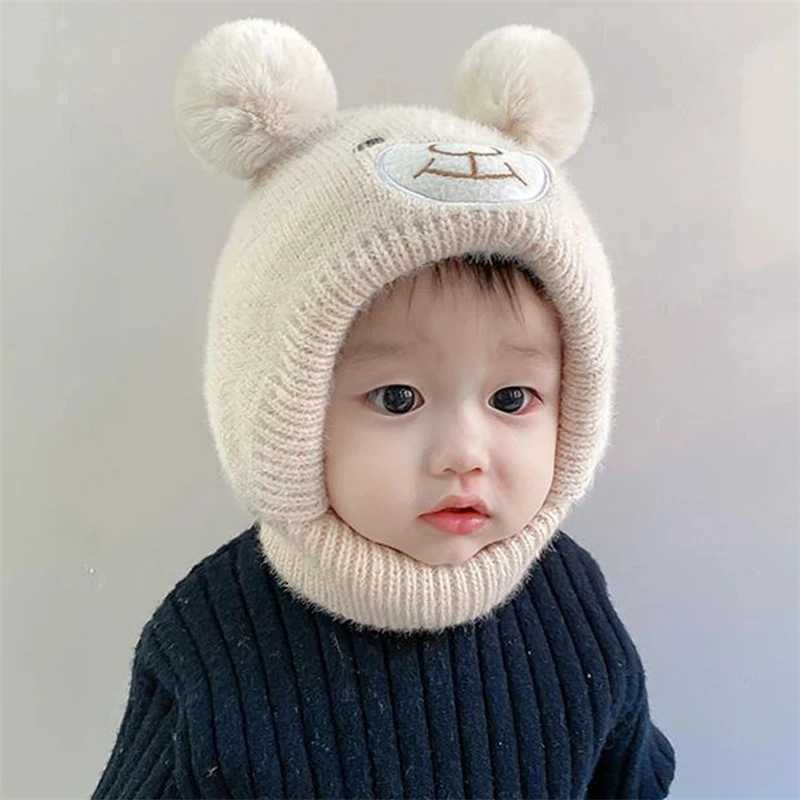 Winter Bear Kids Ear Beanie Cap Baby Protection Hats Scarf Cute Bear Knitted Hat Neck Cover Toddler Boy Girl Bonnet XJ241213