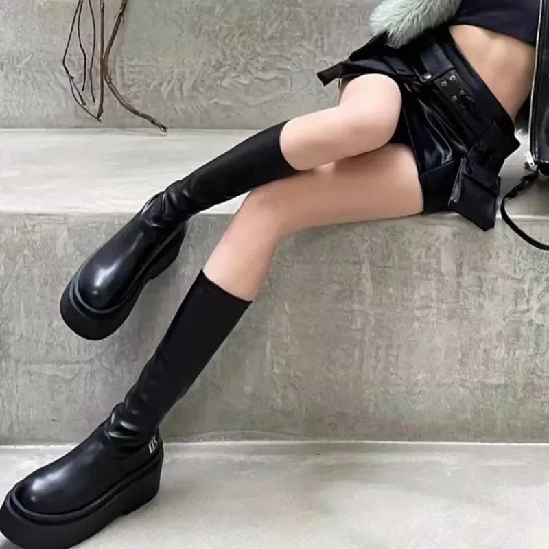 Street Style Autumn Winter Women Knee High Boots Fashion Slip on Platform Heels Concise Long Botas De Mujer 241213