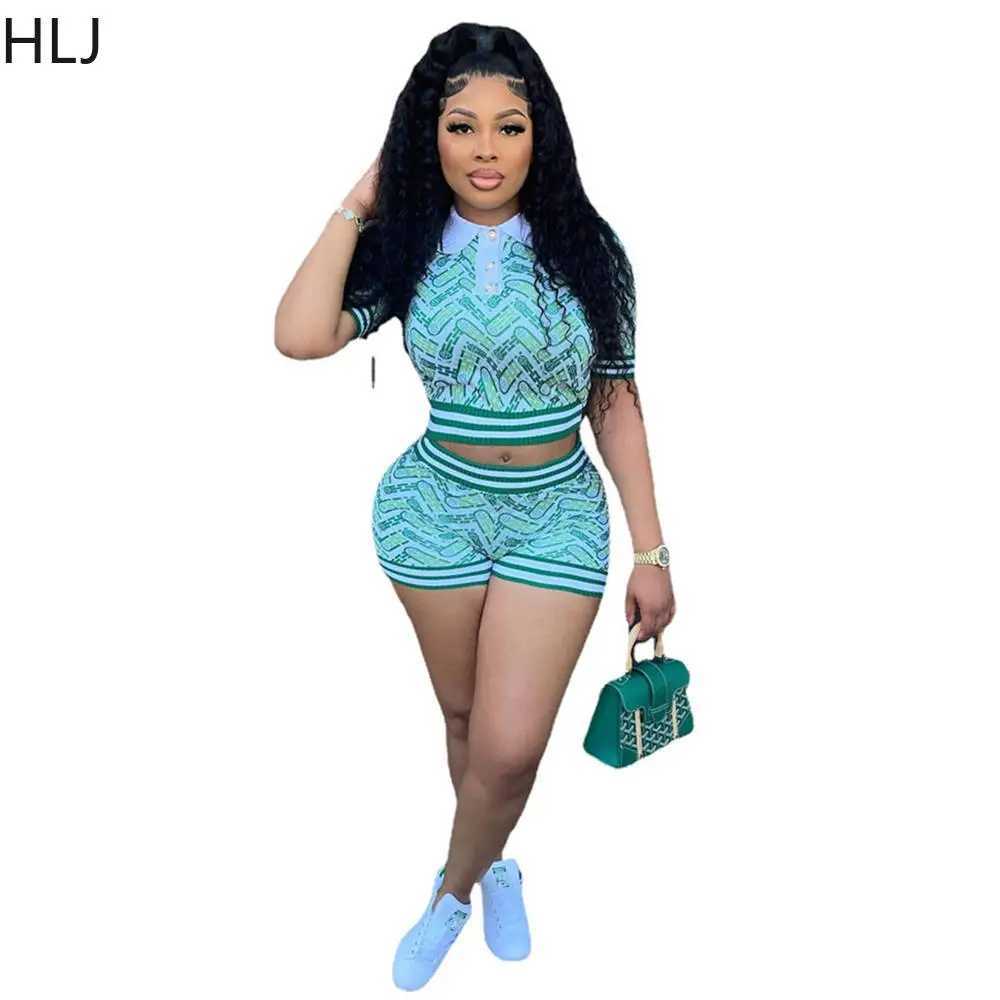 Women's Two Piece Pants HLJ Blue Summer Printing Shorts Two Piece Sets Women Polo Nack Crop Top And Shorts Outfits Fashion Y2K Matching 2pcs Strt