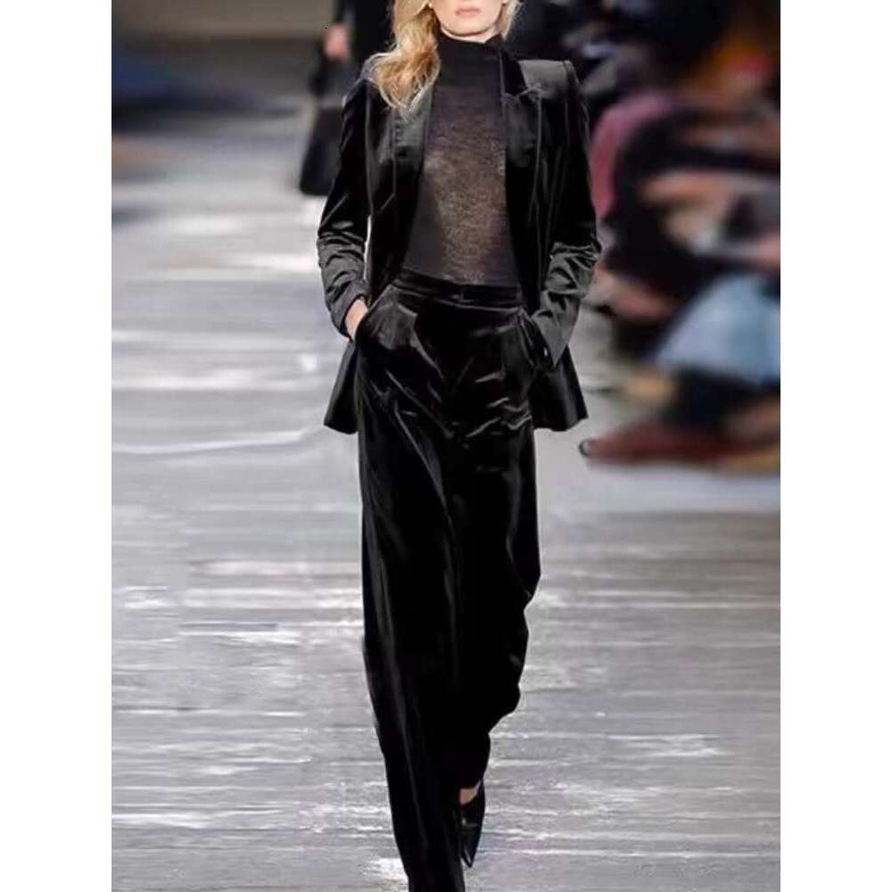 Ladies' Suit Autumn Fashion Elegant Casual Women Veet Pantsuits Vintage Slim Solid Jackets High Waist Pants 2 Pieces Set Female Outfits New