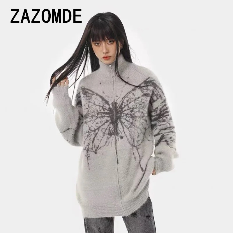 ZAZOMDE Winter Vintage Butterfly Graphic Zip Up Cardigan Man Y2k Streetwear Oversized Knitted Sweater Jacket Long Sleeve Tops 241213