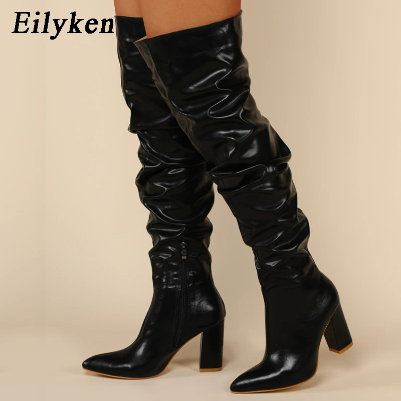 Eilyken Winter Womens Knee Boots Punk Style Square High Heels Zipper Shoes Folded Dots Womens Boots 241213