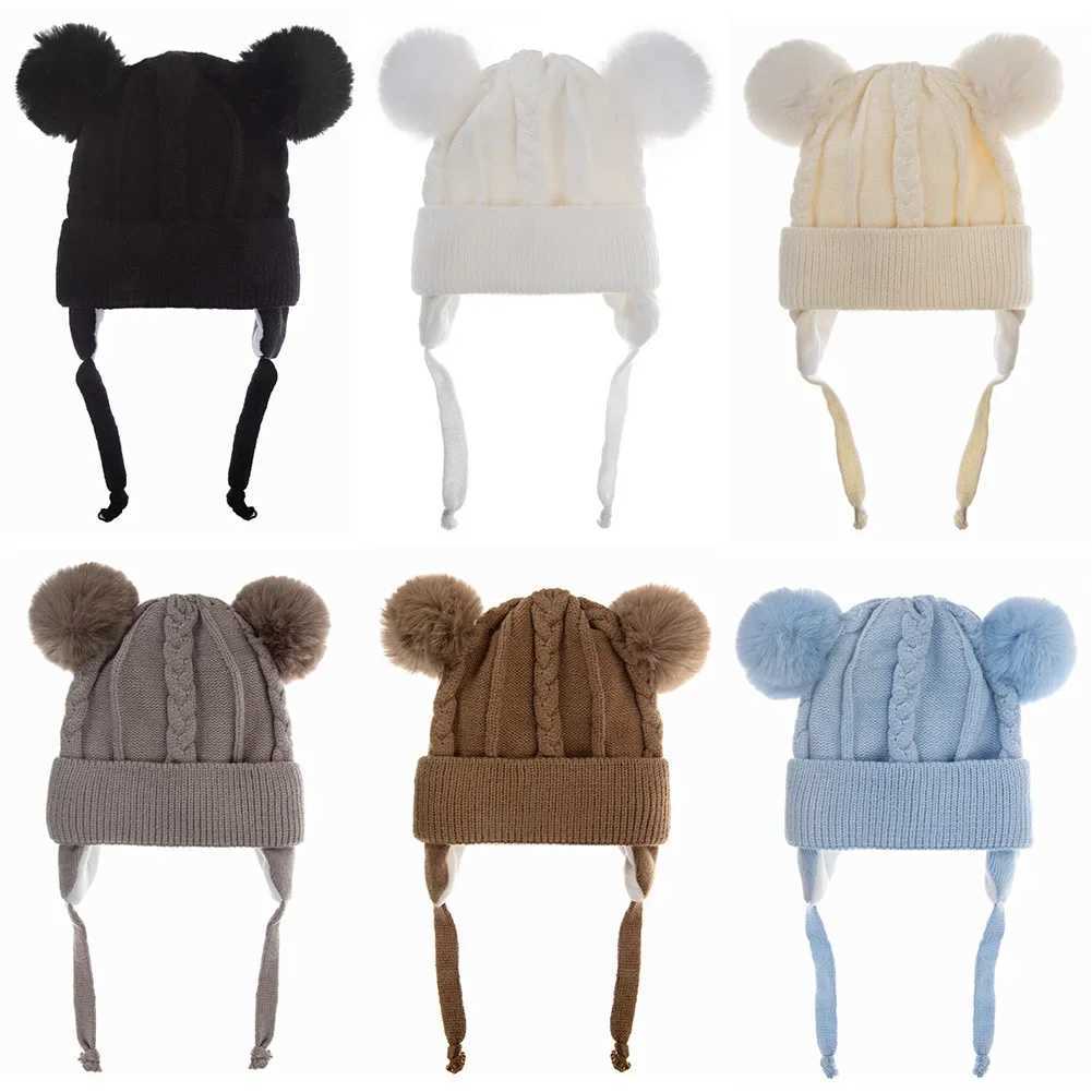Pompom Winter Baby Hats Cute Beanies Caps Bear Ear Protection Knitted Boys Girls Headwraps Warm Kids Crochet Infant Kid HeadwearXJ241213