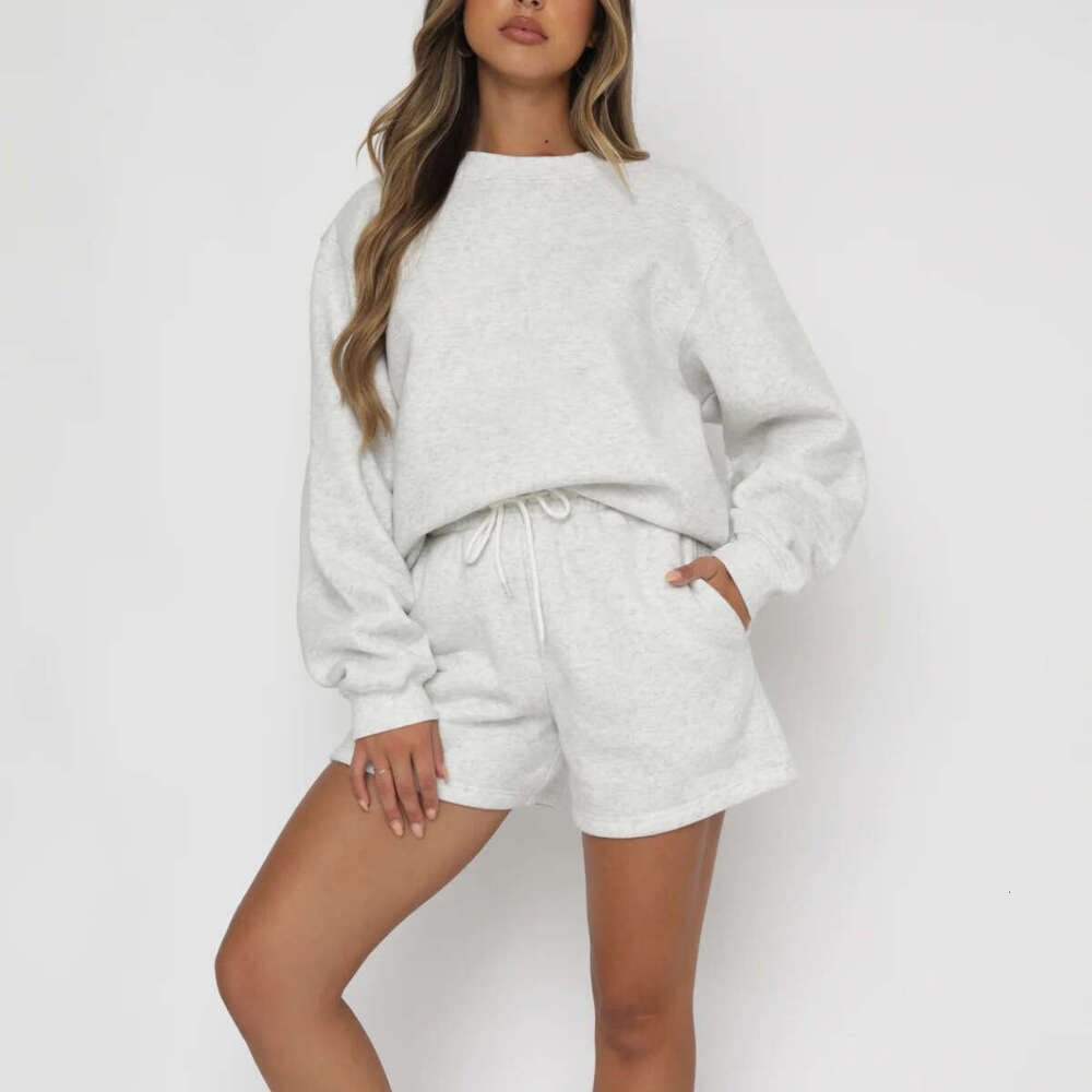 Spring Autumn Foreign Trade Women's New Style Solid Color Loose Versatile Casual Round Neck Hoodie Shorts Set Trendy Clothing Fashion And Leisure