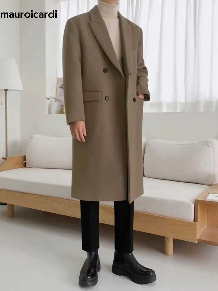 Mauroicardi Autumn Winter Long Warm Camel Black Woolen Coat Men Double Breasted Korean Style Wool Blends Overcoat with Back SlitXJ241212