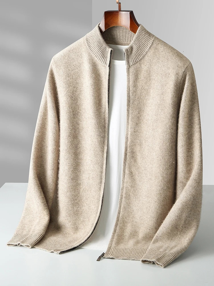 Autumn Winter Mens Woo Cardigan Zippers Mock Neck Long Sleeve Cashmere Sweater 100% Merino Wool Knitwear Thick Soft Clothing 241213