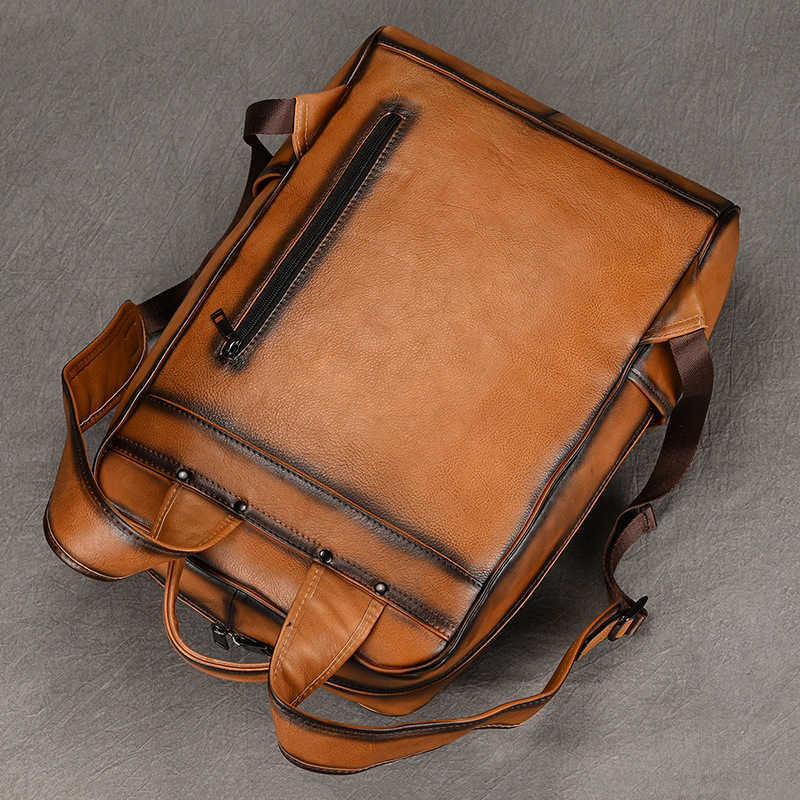 men's polished leather backpack computer bag tree cream leather top layer cowhide backpack 241215