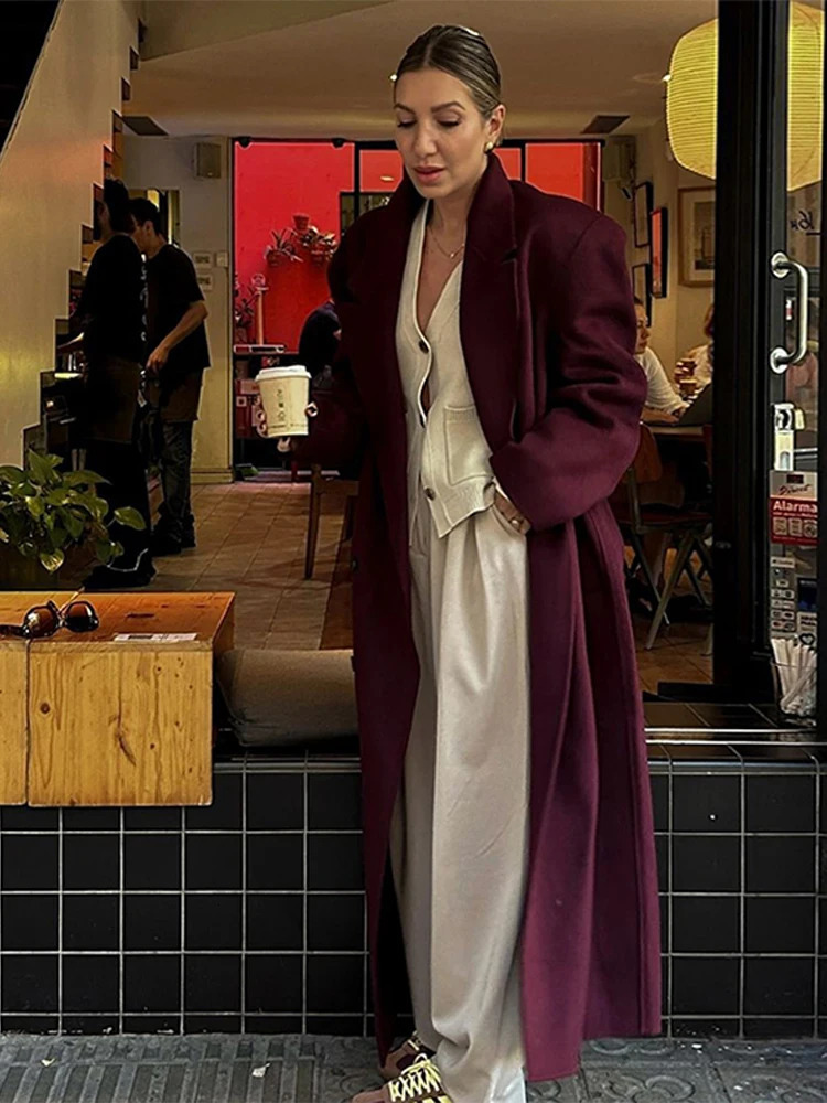 Fashion Double Breasted Long Coat Women Burgundy Red Loose Lapel Pocket Sleeve Coats Autumn Winter High Street Outwear 241213