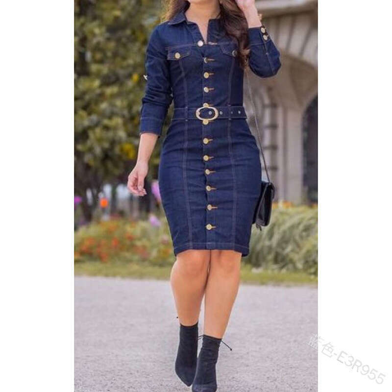 European And American Style Sexy Retro Multi Button Decoration Lapel Single Breasted Slim Fit Long Sleeved Denim Goddess Dress