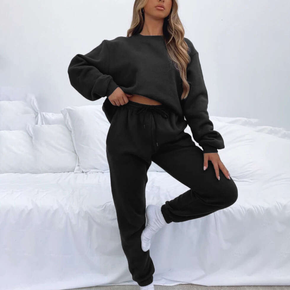 European American Spring And Autumn Pure Color Round Neck Pullover Pants Women's Long Sleeved Hoodie Set Trendy Clothing Fashion Casual Temperame