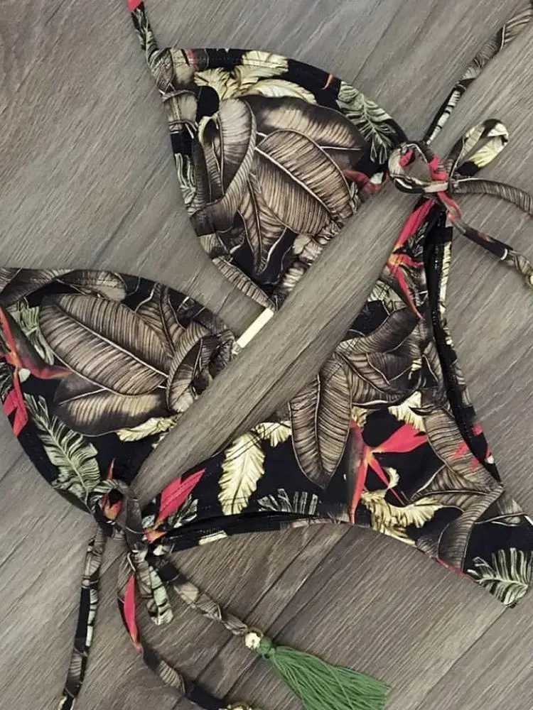 RUOTONGSEPT Sexy Micro Bikinis Set 2024 New Swimsuit Women Feather Print Bandage Swimwear Fa Bathing Suit Brazilian BiquinisXJ241212