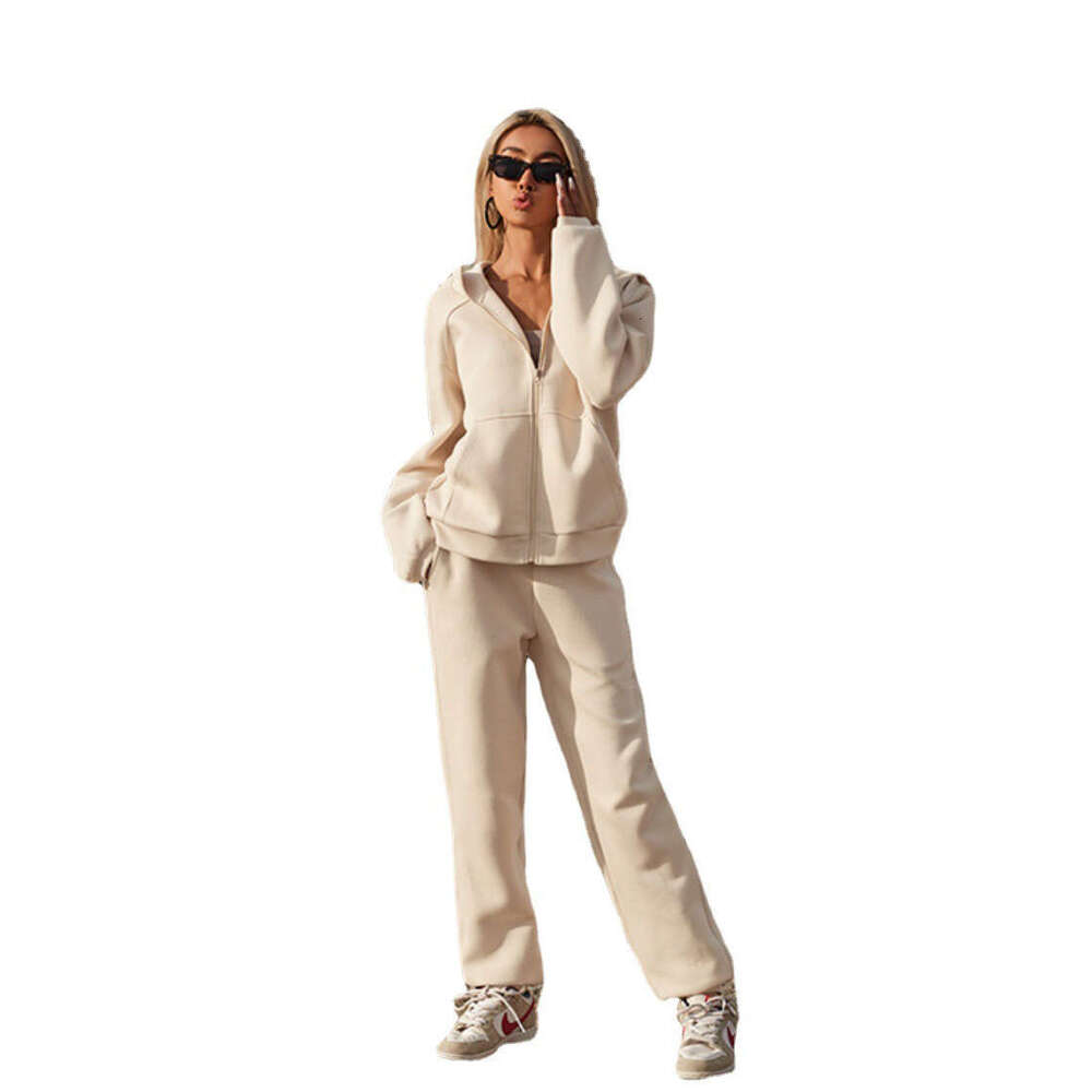 Spring Autumn European American Women's Solid Color Hooded Long Sleeved Ankle Binding Sports Two-Piece Set, Trendy Clothing, Fashionable And Casu