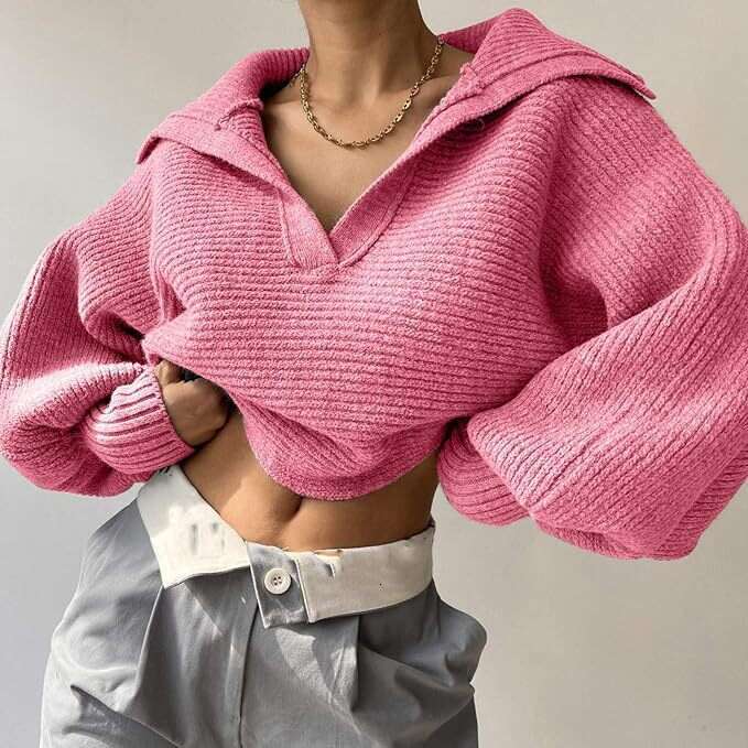 European American Foreign Trade Spring Autumn New Products Knitted Sweater Flip Collar Hoodie Women's Top Trendy Clothing Fashion And Leisure Atm