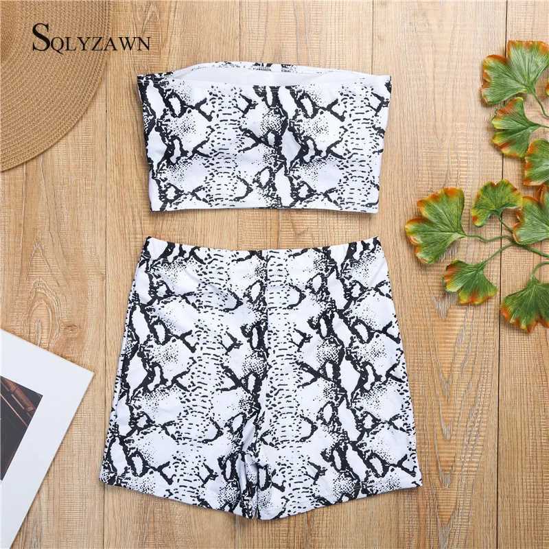 Women's Two Piece Pants Snake Skin Two Piece Set Women Summer Strapless Backless Crop Top Elastic Waist Shorts Tracksuit Fashion Beachwear 2 Pcs 