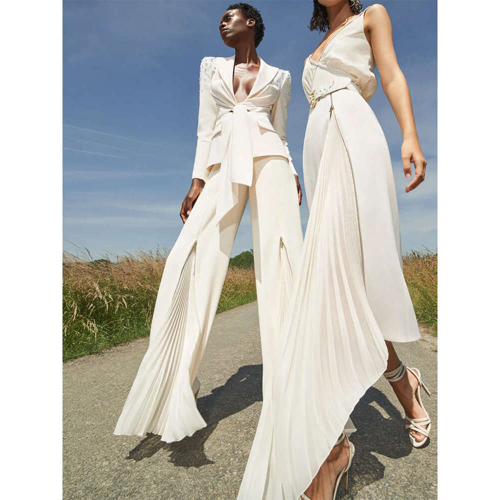 Ladies' Suit HIGH QUALITY Newest Fashion Designer Runway Suit Women's Belted Blazer Jacket Wide Leg Pleated Pants Set Two Pieces