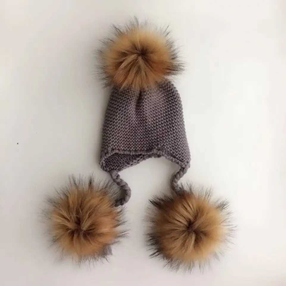 1-3 years Baby Winter Earmuffs Warm Children Winter Hat Knitted Pompom Plush Cotton Baby Warm Hat Cute Girls Boys Winter HatXJ241213