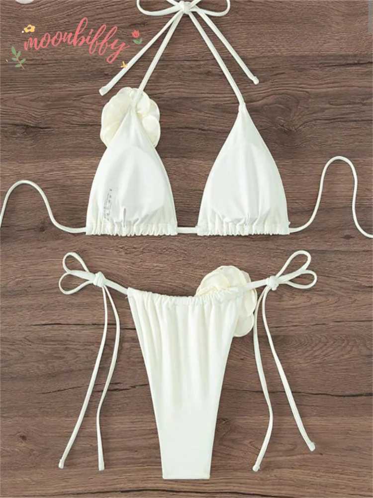 Sexy Bikini Set Women Swimsuit Black White 3D Floral Print Micro Bikinis Brazilian Cutout Beach Bathing Suit Thong SwimwearXJ241212