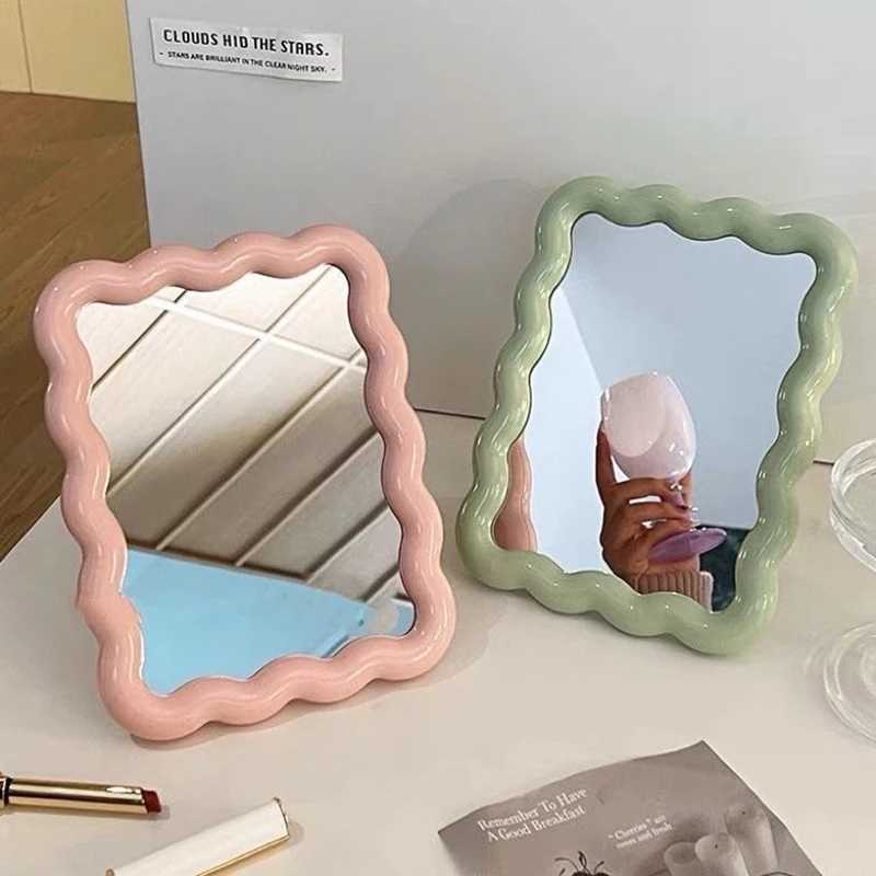 Corrugated Desktop Makeup Mirror Solid Color Simple Portable Handheld Makeup Mirror Foldable Student Compact Cute MirrorXJ241213