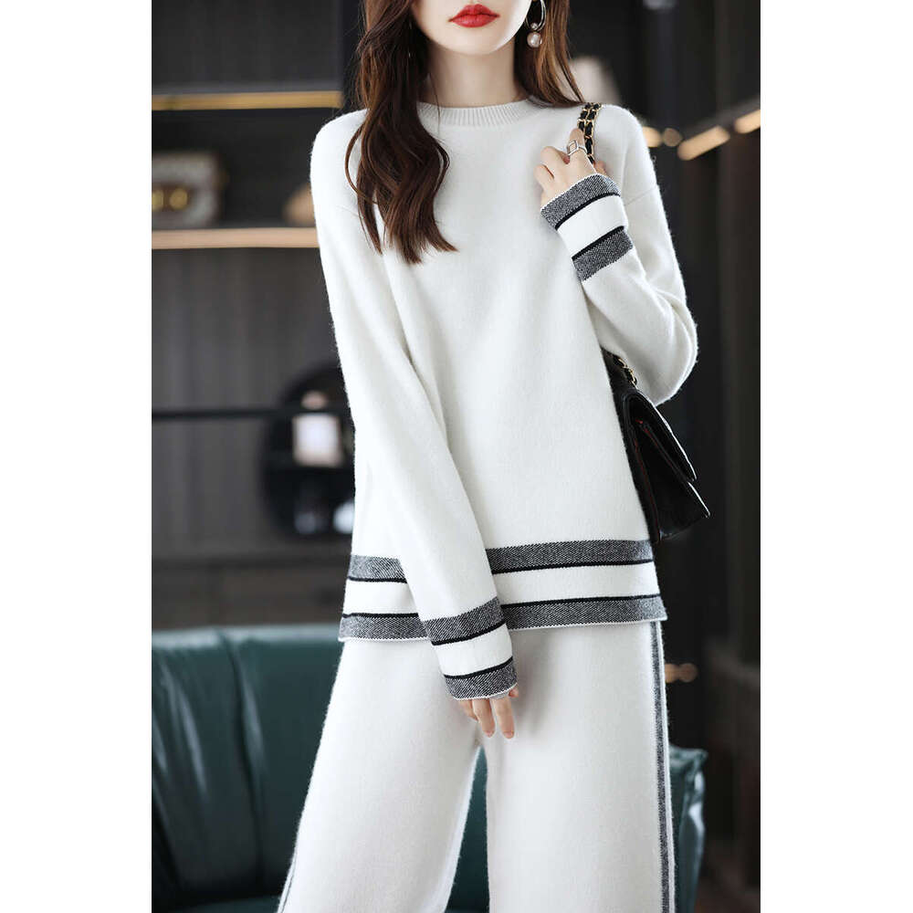 Ladies Suits 100% Merino Wool Women's O-Neck Pullover Autumn/Winter New Fashion Color Matching Casual Two-Piece Suit Female