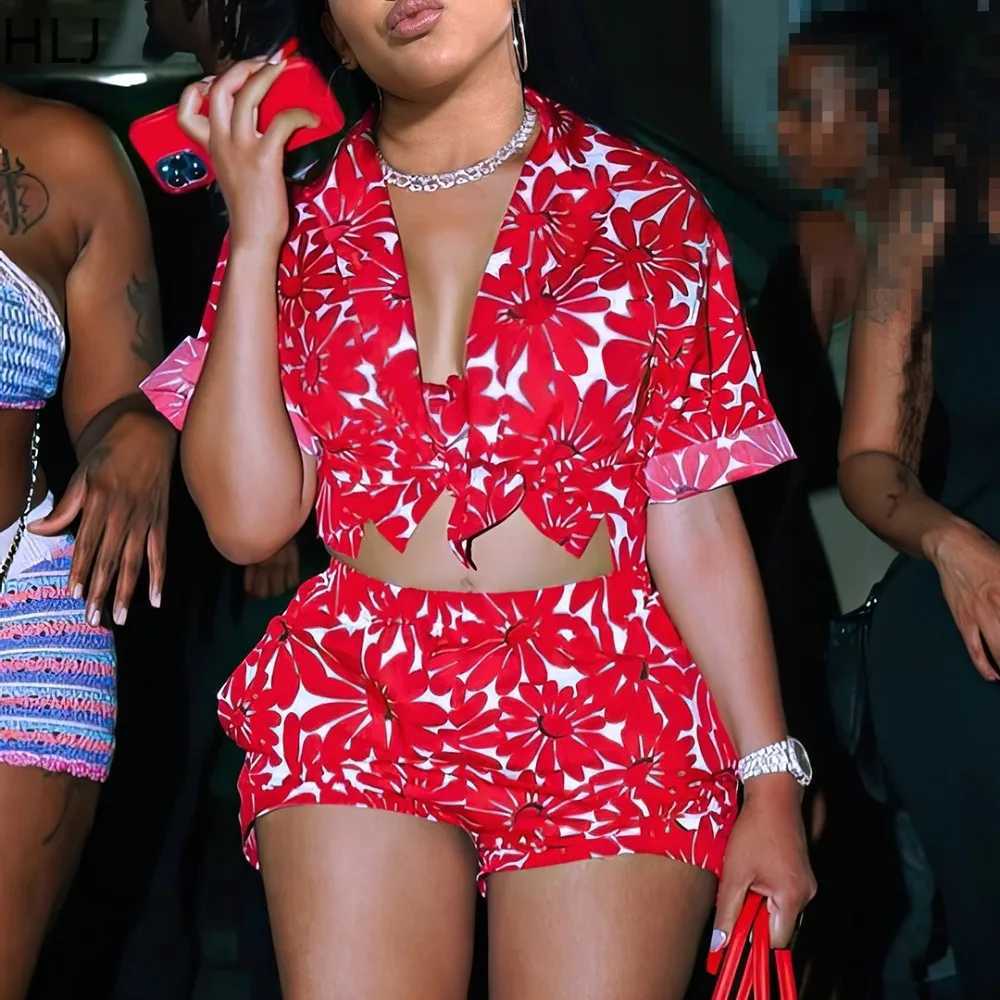 Women's Two Piece Pants HLJ Red Summer New Flowers Print Two Piece Sets Women Dp V Short Slve Bandage Crop Top+Shorts Outfits Female 2pcs Tracksu