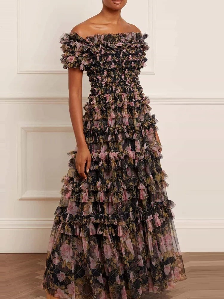 Hit Color Printing Dresses For Women Slash Neck Short Sleeve High Waist Elegant A E Dress Female Fashion Clothes