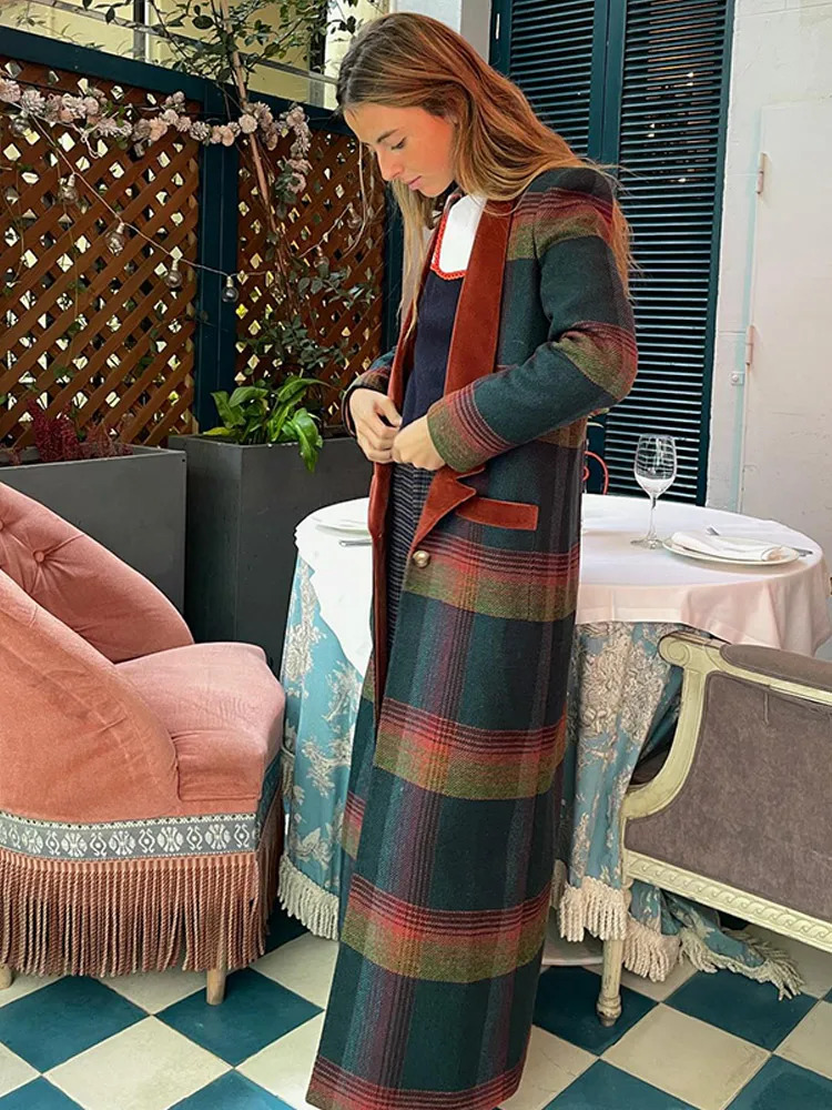 Fashion Colorful Plaid Print Woolen Overcoats For Women Patchwork Turn-Down Collar Slim Fits Long Coats New High Streetwear