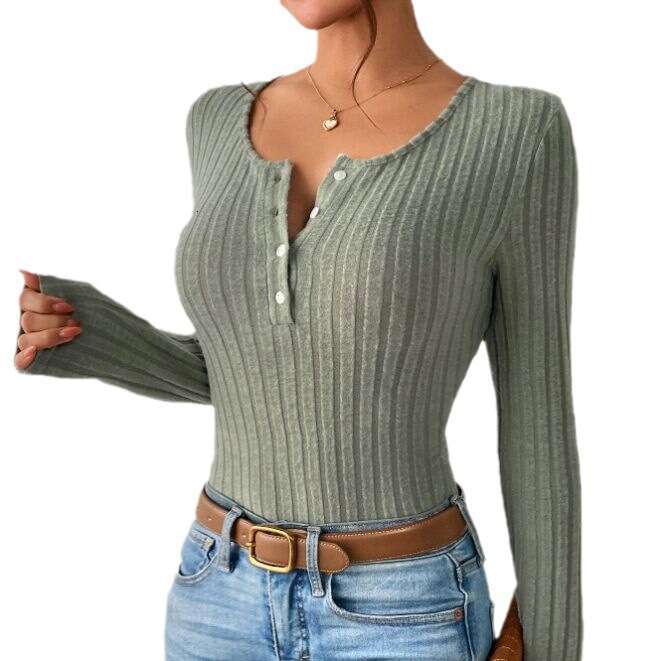 European and American 2023 autumn new women's clothing round neck pit stripe fleece solid color button short patchwork long sleeved t