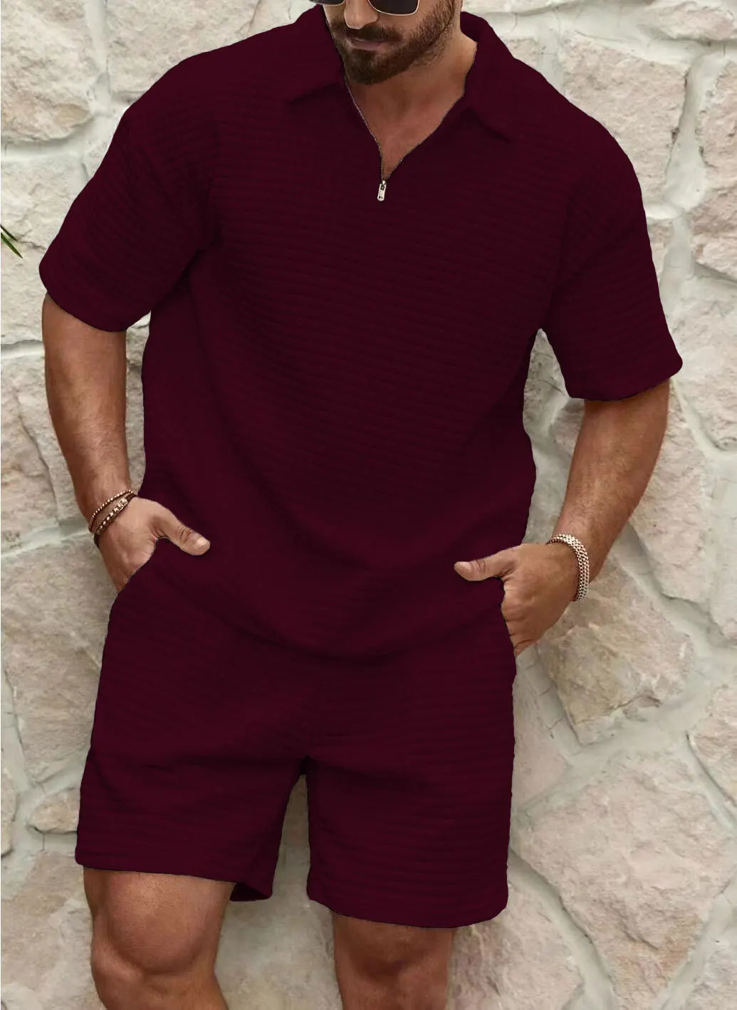 Mens suit with waffles solid color lapel shirt short sleeved shorts spring and summer sportswear casual loose fashionable mens clothing 241211