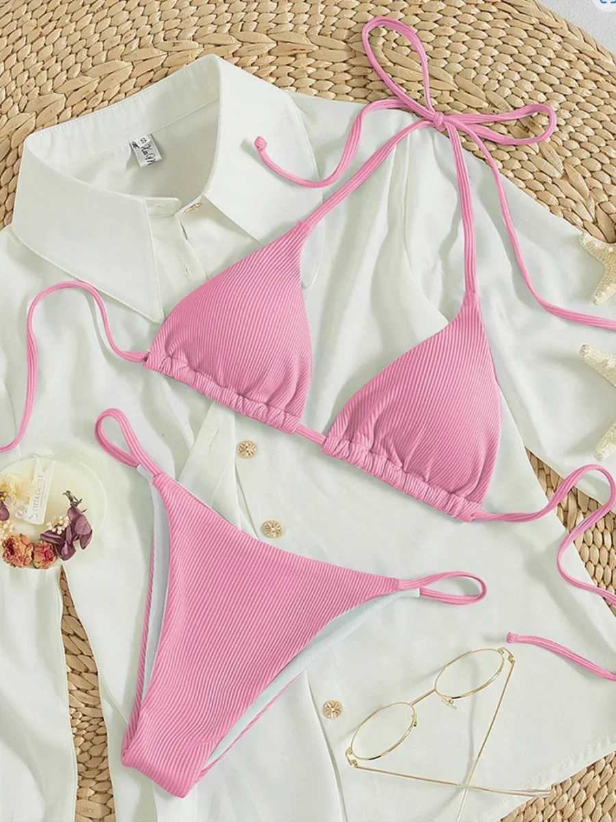 String Bikinis 2024 Women Sexy Triang Swimsuit Solid White Swimwear Fa Padded Bathers Bathing Swimming Swim Suit BeachwearXJ241212