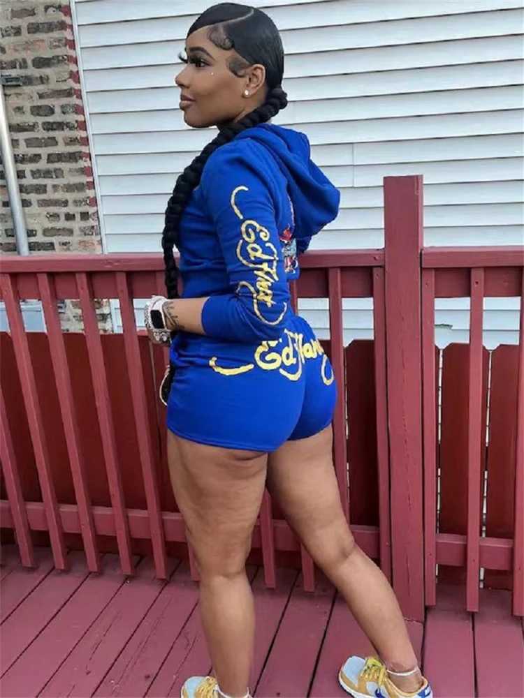 Women's Two Piece Pants WLWXR Spring Blue Print Casual 2 Piece Short Sets Retro Strt Clothing Women 2024 Graphics Zip-up Hoodies And Matching Sho