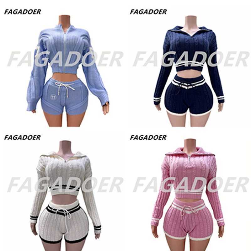 Women's Two Piece Pants FAGADOER Swt Knit 2 Piece Sets Women Outfit Female Lapel Zip Stripe Patchwork Crop Top And Drawstring Waist Shorts Suits 