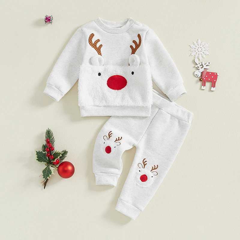 Pudcoco Preschool Girl Boy Christmas Set reindeer embroidery long sleeved crew neck sweatshirt elastic waist pants 2PCS set 0-3T W241213
