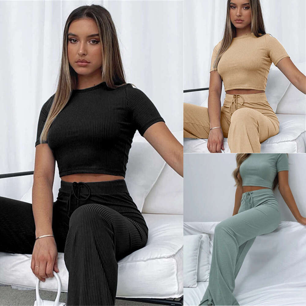 European And American New Suit Women's Solid Color High Elasticity Shaping Short Sleeved Wide Leg Pants Two-Piece Set Trendy Clothing Fashion Cas