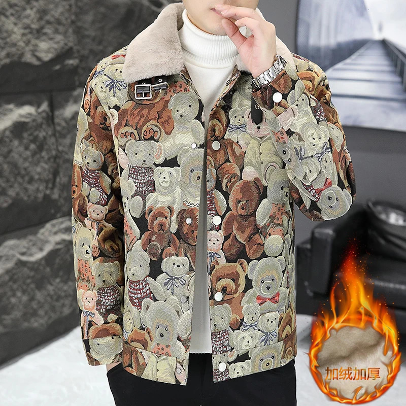 Autumn Winter Fashion Trend Bear print Wool Coat Mens Casual Loose Thicken Warm High Quality turndown collar Jacket 241213