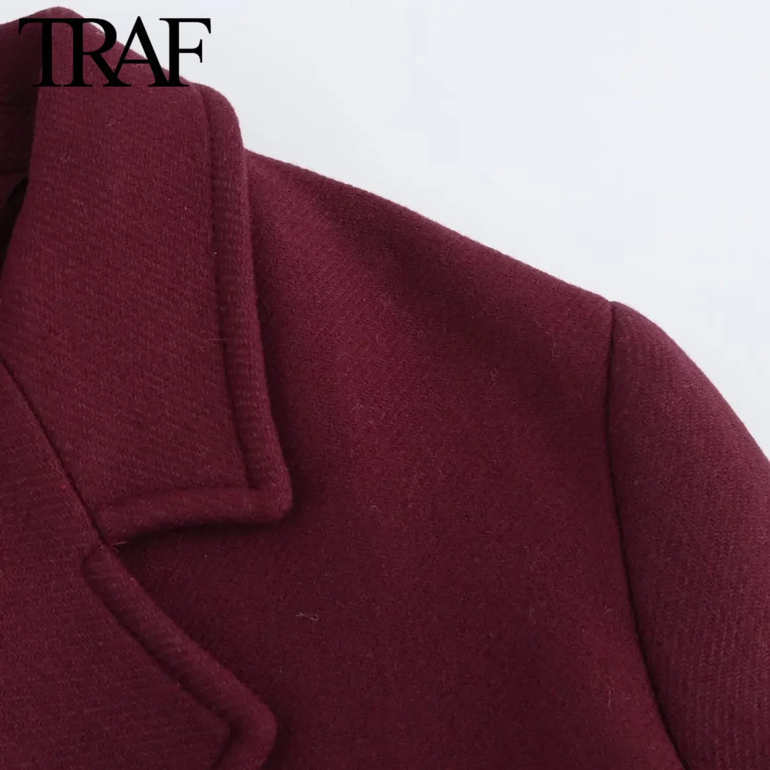 TRAF Burgundy Wine Red Wool Blended Overcoat for Women Fashion Winter Warm Double Breasted Lapel Long Coat Jacket 241213