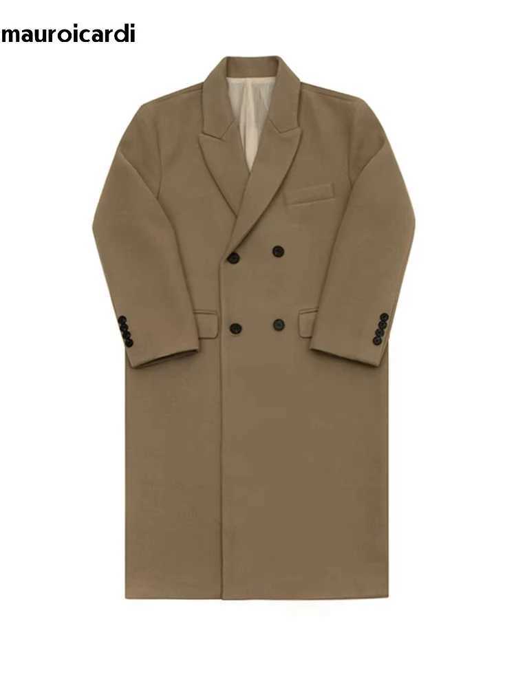Mauroicardi Autumn Winter Long Warm Camel Black Woolen Coat Men Double Breasted Korean Style Wool Blends Overcoat with Back SlitXJ241212