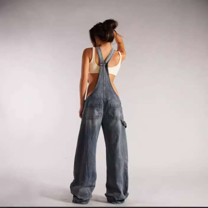 European American New Fashionable And Sexy Suspender Solid Color Sleeveless Suspender, Denim Zipper Pocket Pants, Women's Fashion Quality Classic