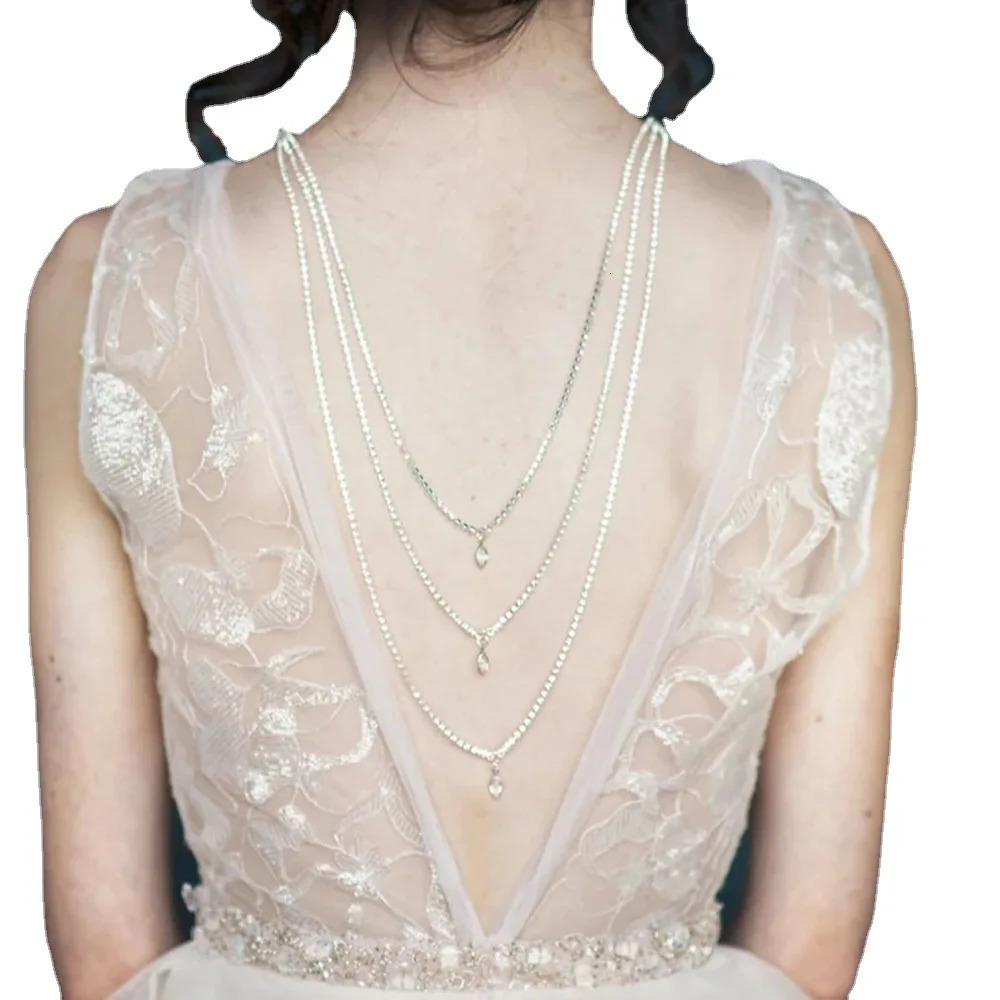 Crystal Necklace Droplet Back Chain Multilayer Wavy Dress Accessories 241213