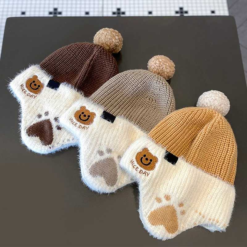 Children Plush Earmuffs Cap 1-6year Kids Winter Warm Knitted Hat Korean Baby Bear Beanie Pompom Ball Toddler Ear Protection CapsXJ241213